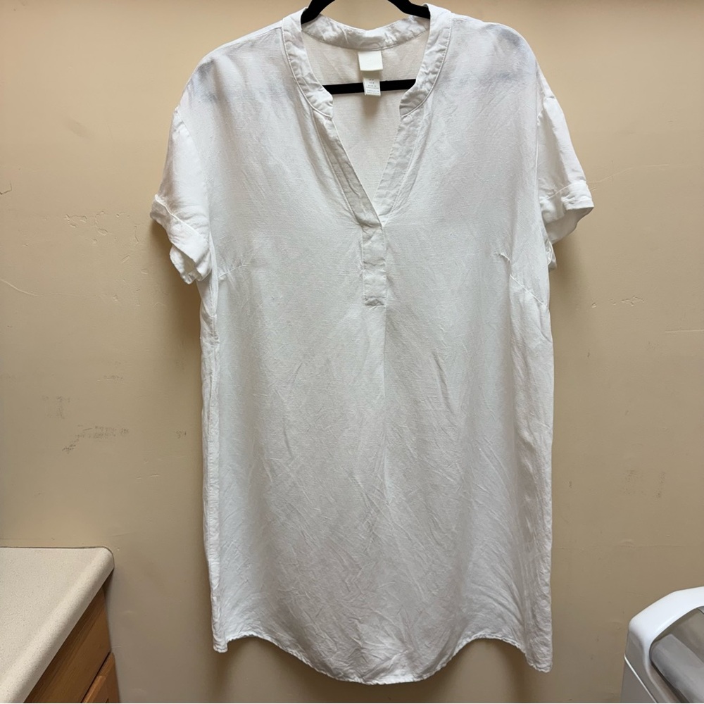 H & M Short Sleeve Linen Blend V-Neck Mini Shirt Dress Tunic Shift Womens Medium